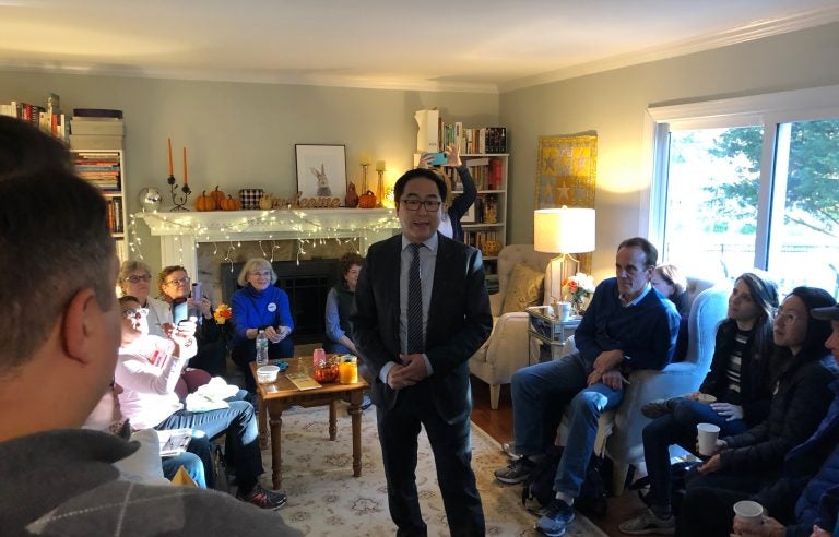 Democrat Andy Kim speaks to campaign volunteers at a home in Brick, New Jersey on Sunday, Nov. 4, 2018. (Joe Hernandez/WHYY)