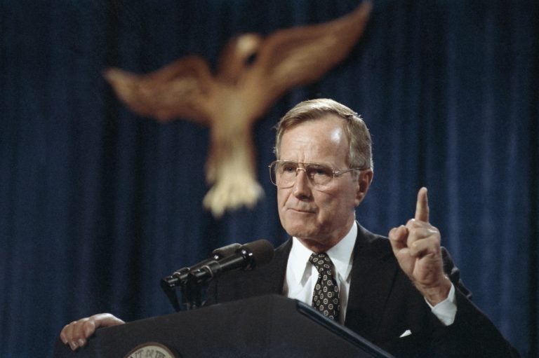 George H.W. Bush, the 41st president of the United States, speaks at a fundraiser in Dallas in 1991.  (Marcy Nighswander/AP Photo)