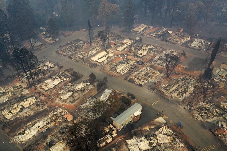 An aerial view of a neighborhood destroyed by the Camp Fire in Paradise, Calif. Fueled by high winds and low humidity, the wildfire ripped through the town, charring more than 140,000 acres and killing more than 60 people.
(Justin Sullivan/Getty Images)