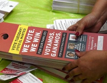 Door hangers are stacked after a rally with Jacky Rosen, a Democrat who later won her Senate race, at the Culinary Workers Union Hall Local 226 on Nov. 5 in Las Vegas. Organizations like the Culinary Workers Union made a big push to engage Latinos in 2018 (Ethan Miller/Getty Images)