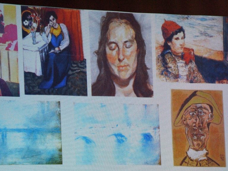 An image shows the paintings stolen from the Netherlands' Kunsthal museum in 2012 — including Picasso's Tête d'Arlequin at bottom right. Two Dutch citizens claim to have found the missing Picasso work, Romanian prosecutors said on Sunday. (Daniel Mihailescu/AFP/Getty Images)