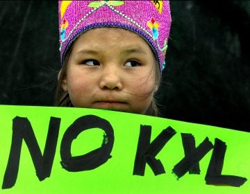 Shawnee Rae, age 8, among a group of Native American activists from the Sisseton-Wahpeton tribe protesting the Keystone XL Pipeline in Watertown, S.D. in 2015.