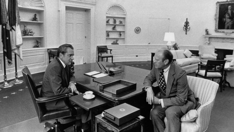 President Richard Nixon with Vice President Gerald Ford. Nixon resigned on Aug. 9, 1974, rather than face the prospect of impeachment over Watergate. (Historical/Corbis via Getty Images)
