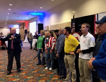 Mike Harrington, chairman of the Delaware Republican Party, addresses candidates and supporters on Election Night, after the GOP was swept out of statewide offices and saw the Democrats increase their advantage in the state House and Senate. (Cris Barrish/WHYY)