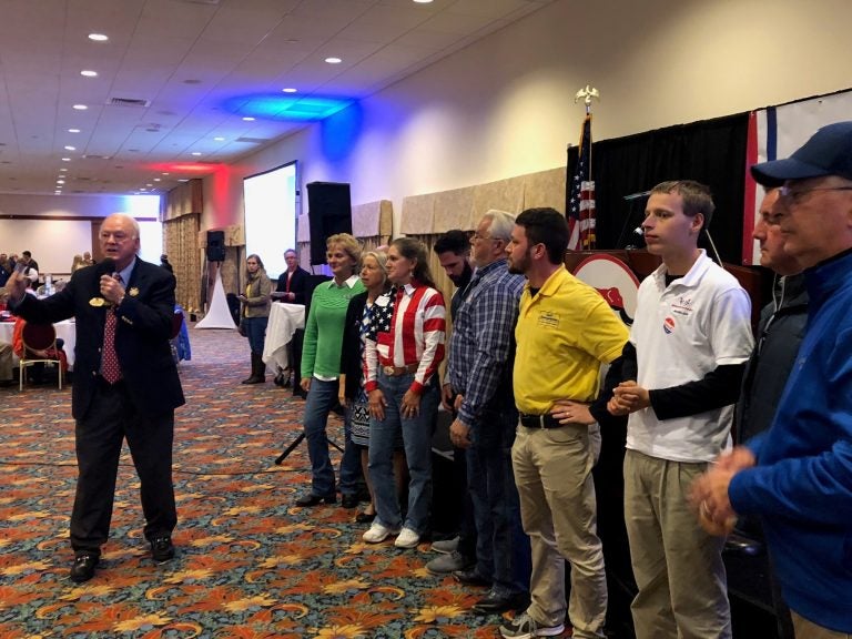 Mike Harrington, chairman of the Delaware Republican Party, addresses candidates and supporters on Election Night, after the GOP was swept out of statewide offices and saw the Democrats increase their advantage in the state House and Senate. (Cris Barrish/WHYY)