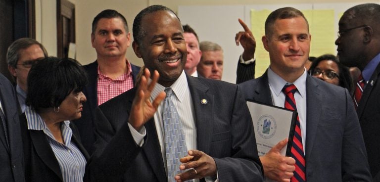 Housing and Urban Development Secretary Ben Carson visits the newly opened Vaux Big Picture High School in North Philadelphia, praising ''public-private partnerships.'' (Emma Lee/WHYY)