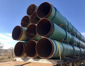 Keystone XL pipeline sections sit on a train near Glendive, Mont. (Nate Hegyi/Yellowstone Public Radio)