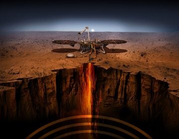 An artist's depiction of InSight — short for Interior Exploration using Seismic Investigations, Geodesy and Heat Transport. The spacecraft has been designed to give Mars its first thorough checkup since the red planet formed, about 4.5 billion years ago.
NASA/JPL-Caltech