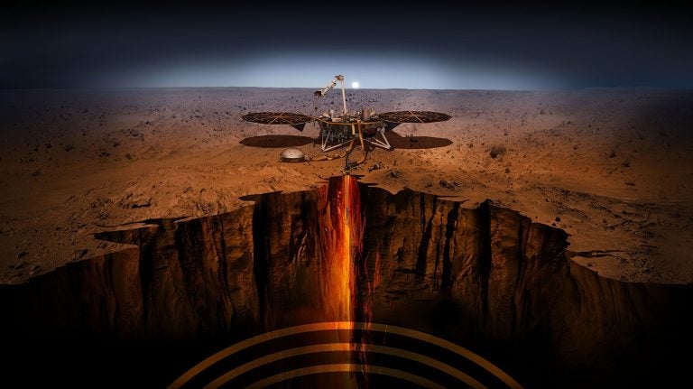 An artist's depiction of InSight — short for Interior Exploration using Seismic Investigations, Geodesy and Heat Transport. The spacecraft has been designed to give Mars its first thorough checkup since the red planet formed, about 4.5 billion years ago.
NASA/JPL-Caltech