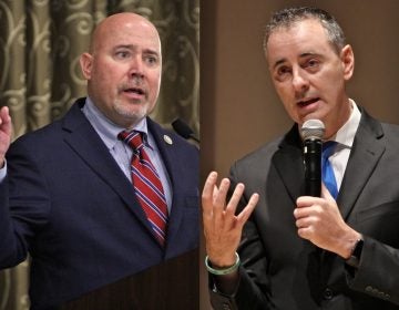 Tom MacArthur (left) an incumbent running for Congress in New Jersey's 3rd District, and Brian Fitzpatrick, an incumbent running for Congress in Pennsylvania's 1st District. (Emma Lee/WHYY)