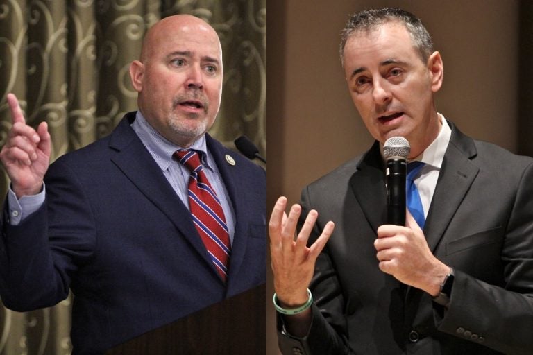 Tom MacArthur (left) an incumbent running for Congress in New Jersey's 3rd District, and Brian Fitzpatrick, an incumbent running for Congress in Pennsylvania's 1st District. (Emma Lee/WHYY)