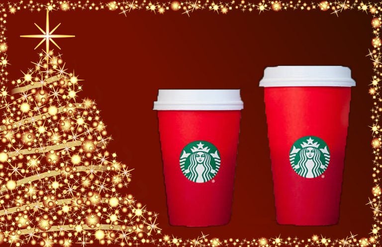 This year Starbucks is being accused of being anti-Christmas because removed snowflakes and reindeer illustrations on its holiday cups. (WHYY graphic)