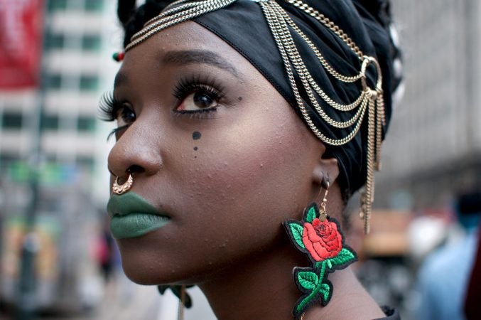 Leighdy Morris, Queen of the RBG Brigade, participates in the annual Juneteenth parade through Center City, June 23, 2018. She says Juneteenth, celebration of the end of slavery in the United States, should be a national holiday, like the Fourth of July. (Bastiaan Slabbers for WHYY)