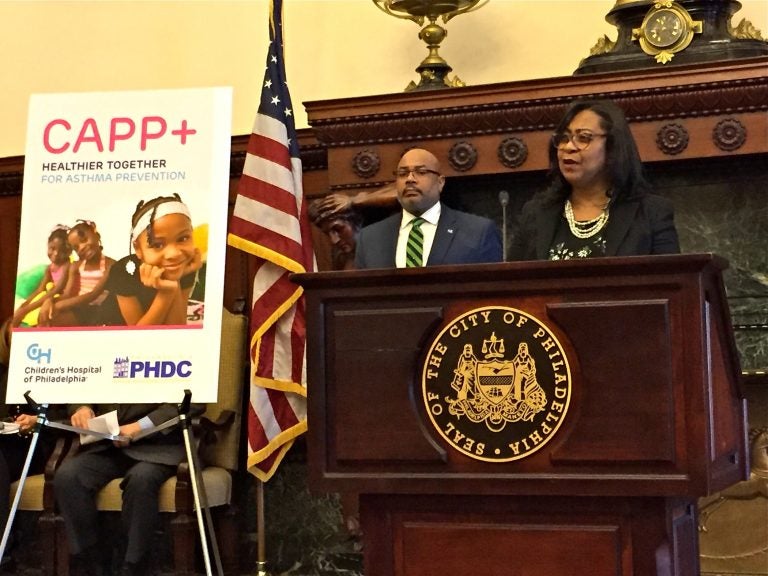 Dr. Tyra Bryant-Stephens, who directs CHOP's Community Asthma Prevention Program, speaks at an event to launch a new partnership with PHDC. (Dana Bate for WHYY)