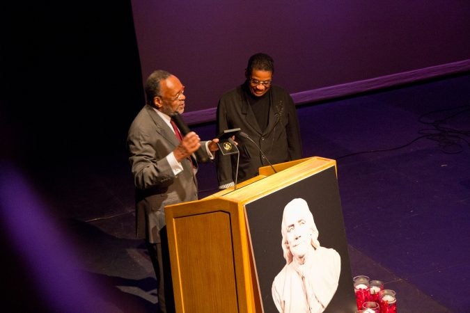 Oliver St. Clair Franklin, Honorary British Consul of the RSA, presents Herbie Hancock with the Benjamin Franklin Medal. (Kimberly Paynter/WHYY)