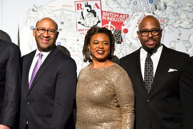 Lolita Jackson, RSA U.S. chairman, (center), former Mayor of Philadelphia Michael Nutter (left), and bassist Christian McBride at the Benjamin Franklin Medal award ceremony. (Kimberly Paynter/WHYY)