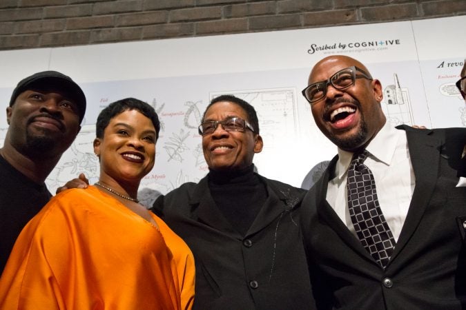 Herbie Hancock (center) with vocalist Laurin Talese (left) and bassist Christian McBride (right) at the Benjamin Franklin Medal award ceremony. (Kimberly Paynter/WHYY)