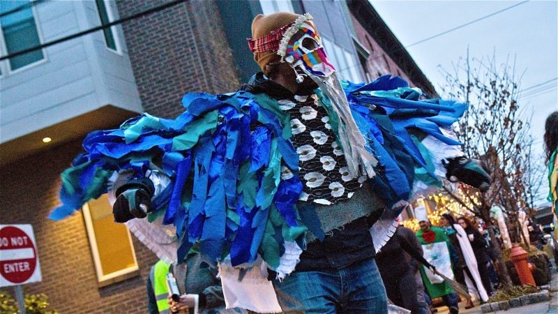 Spirits march through Northern Liberties for the 2018 Parade of Spirits. (Kimberly Paynter/WHYY)