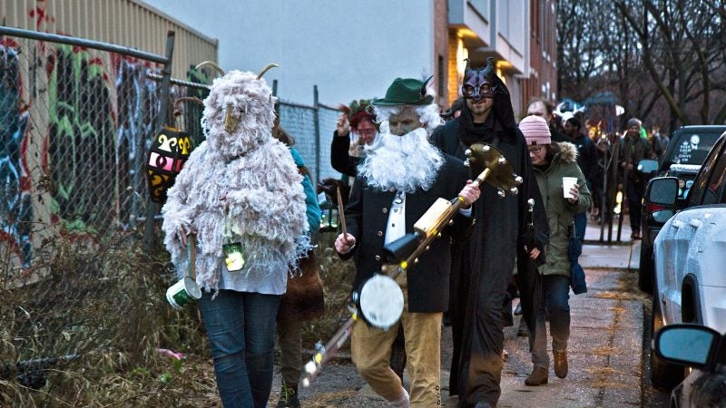 Spirits march through Northern Liberties for the 2018 Parade of Spirits. (Kimberly Paynter/WHYY)