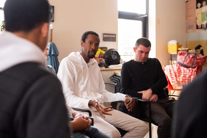 Matthew Armstead leads discussion during a masculinity workshop at Lutheran Settlement House on Sunday, October 28, 2018. (Kriston Jae Bethel for WHYY)