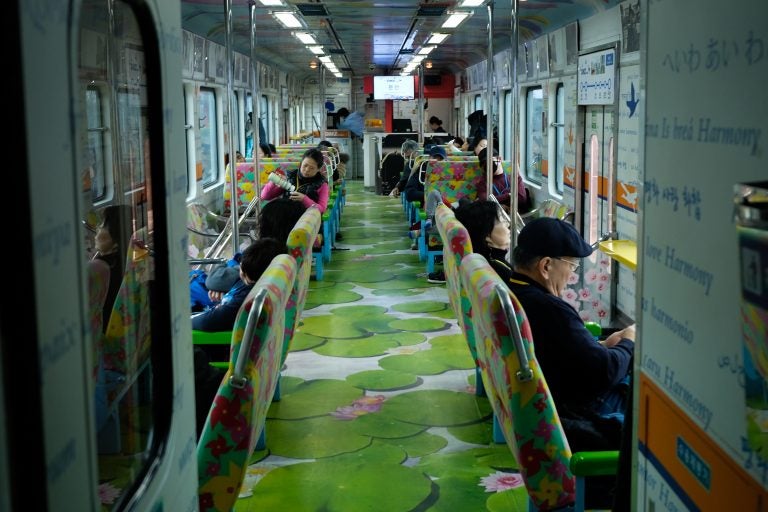 The interior of the DMZ train, a three-car tourist train. It is decorated with words such as “love,” “peace” and “harmony,” in several languages. The interior of the DMZ train, a three-car tourist train. It is decorated with words such as
