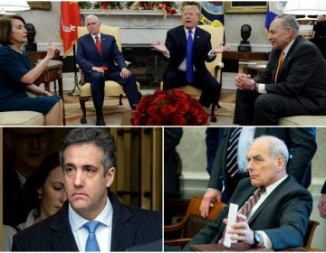 top left: Michael Cohen AP Photo/Craig Ruttle) top right: John Kelly (AP Photo/Michael Reynolds), Bottom: Nancy Pelosi, Mike Pence, Donald Trump, Chuck Schumer (AP Photo/Evan Vucci)