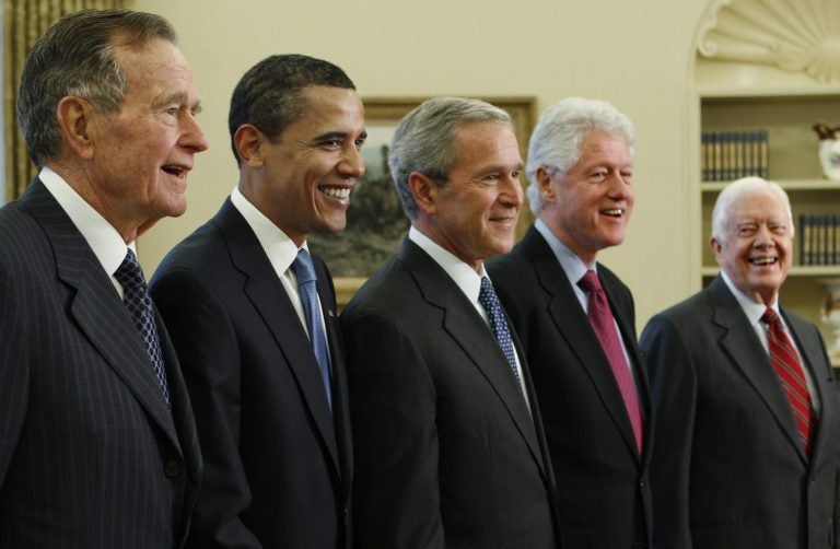 Former presidents, (from left), George H.W. Bush, Barack Obama, George W. Bush, Bill Clinton and Jimmy Carter, Wednesday, Jan. 7, 2009, in the Oval Office of the White House in Washington. (AP Photo/J. Scott Applewhite)