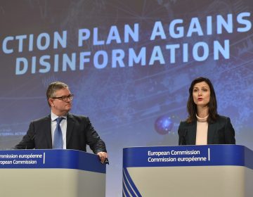 European Commissioner for Security Union Julian King, (left), and European Commissioner for Digital Economy Marija Gabriel participate in a media conference at EU headquarters in Brussels, Wednesday Dec. 5, 2018. The European Commission on Wednesday reported on an Action Plan to counter disinformation and the progress achieved so far. (Geert Vanden Wijngaert/AP Photo)