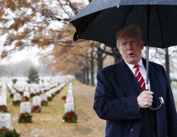 President Donald Trump speaks to media as he visits Section 60 at Arlington National Cemetery in Arlington, Va. on Dec. 15, during Wreaths Across America Day. (Carolyn Kaster/AP)