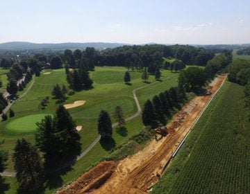 An aerial view of Mariner East 2 pipeline construction, adjacent to the Fairview Golf Course in Lebanon County August 24, 2018. (Marie Cusick/StateImpact Pennsylvania)