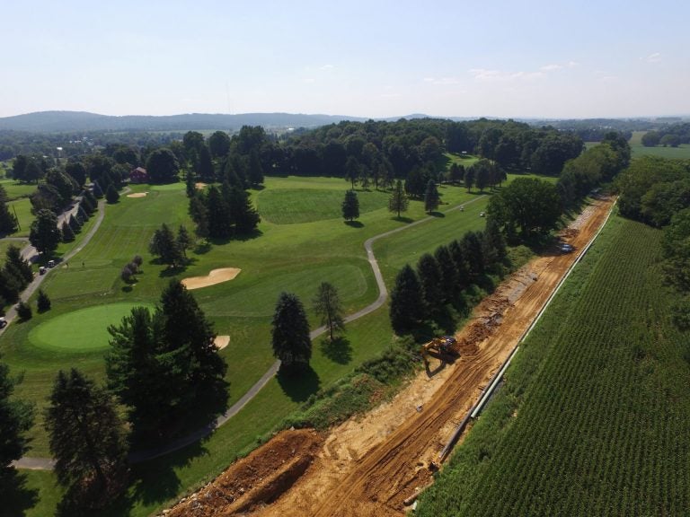 An aerial view of Mariner East 2 pipeline construction, adjacent to the Fairview Golf Course in Lebanon County August 24, 2018. (Marie Cusick/StateImpact Pennsylvania)