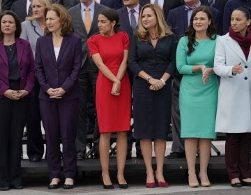 From l-r., Rep.-elect Angie Craig, D-Minn., Rep.-elect Kim Schrier, D-WA., Rep.-elect Alexandria Ocasio-Cortez, D-NY., Rep.-elect Debbie Mucarsel-Powell, D-Fla., Rep.-elect Abby Finkenauer, D-Iowa, and Rep.-elect Sharice Davids, D-KS., line up as they join other members of the freshman class of Congress for a group photo on Capitol Hill in Washington, Wednesday, Nov. 14, 2018. (AP Photo/Pablo Martinez Monsivais)