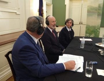 (From left) WITF Smart Talk host Scott LaMar speaks with Gov. Tom Wolf and first lady Frances Wolf during a live broadcast from the Governors Residence in Harrisburg on Dec. 7, 2018. (Lisa Wardle/WITF)