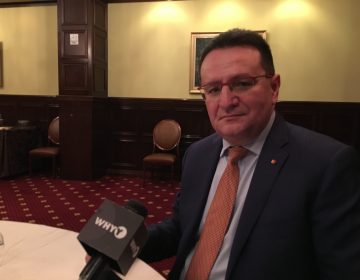 Romanian Ambassador to the U.S. George Maior talks about his visit to Delaware inside the Hotel DuPont in downtown Wilmington. (Mark Eichmann/WHYY)