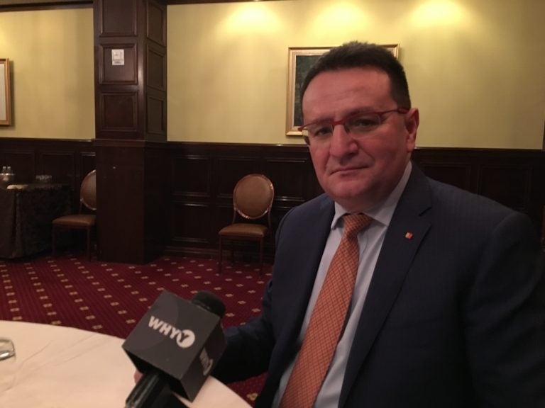 Romanian Ambassador to the U.S. George Maior talks about his visit to Delaware inside the Hotel DuPont in downtown Wilmington. (Mark Eichmann/WHYY)