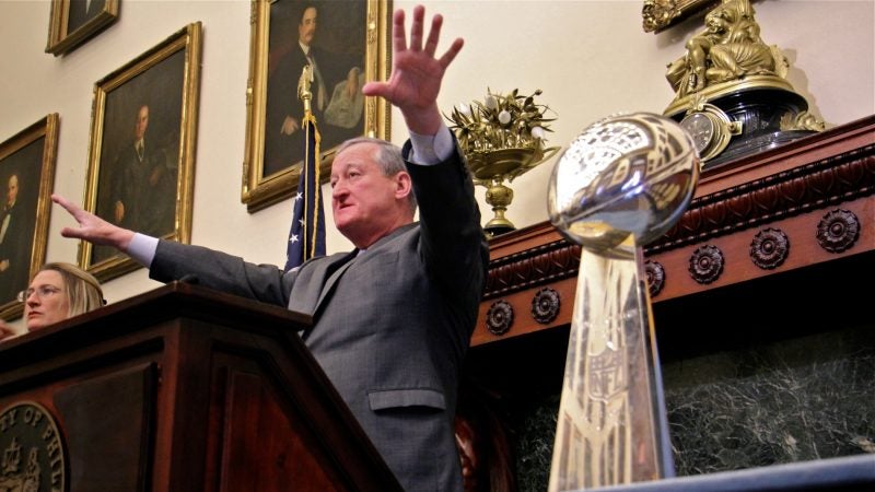 Philadelphia Mayor Jim Kenney welcomes the Lombardi Trophy to City Hall on Feb. 6, 2018, two days after the Eagles' Super Bowl victory. (Emma Lee/WHYY)