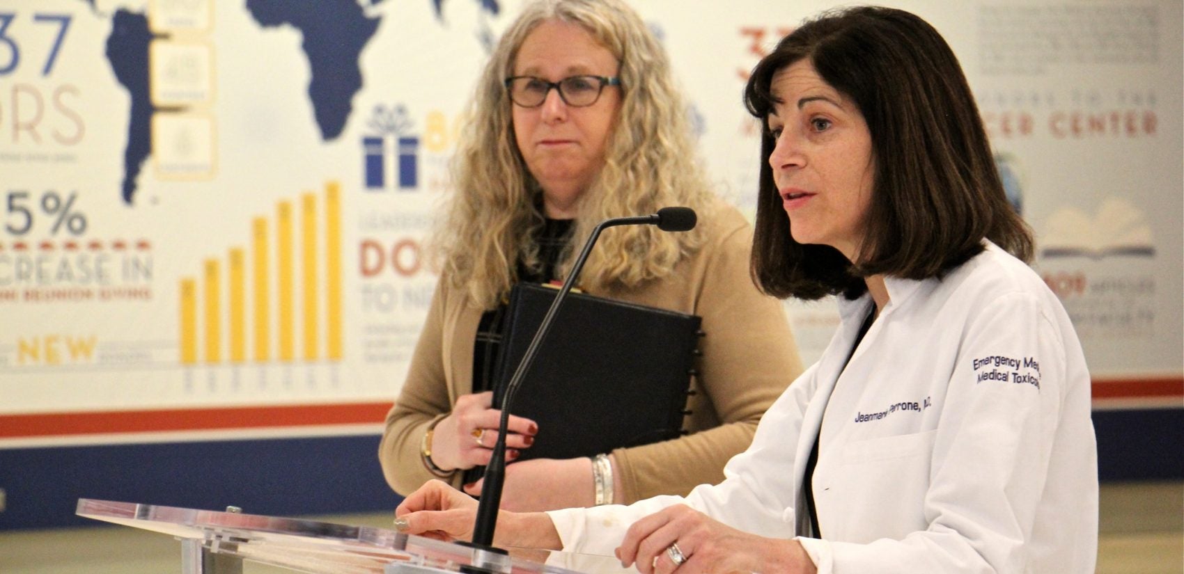 Emergency Dr. Jeanmarie Perrone (right) joins Pennsylvania Secretary of Health Dr. Rachel Levine to announce new prescription guidelines for emergency room doctors dealing with opioids and opioid addiction.