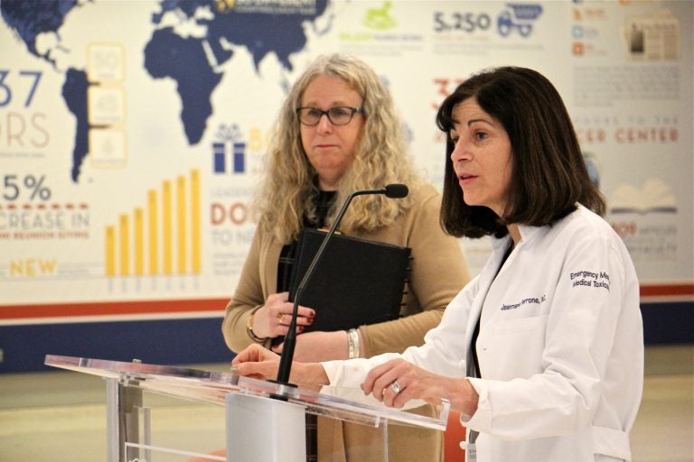 Emergency Dr. Jeanmarie Perrone (right) joins Pennsylvania Secretary of Health Dr. Rachel Levine to announce new prescription guidelines for emergency room doctors dealing with opioids and opioid addiction.