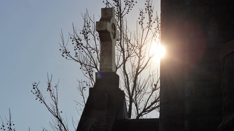 The cross on the top of Our Lady Star of the Sea Church on the Washington Street Mall in Cape May. (Bill Barlow/for WHYY)