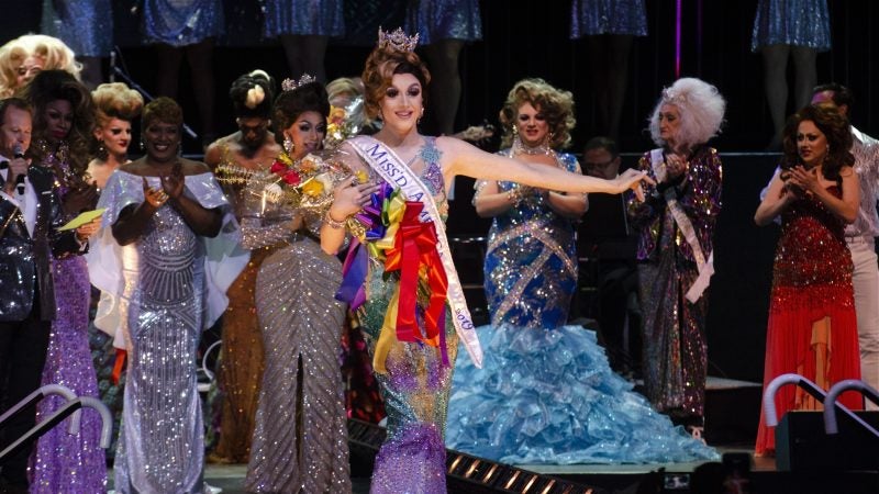 2019 Miss America winner Ms. Adriana Trenta walks the runway during the Miss'd America Pageant held at the Bogata in Atlantic City, Saturday, Sept. 22, 2018. The annual drag competition raises money for LGBTQ charities. (Anthony Smedile for WHYY)