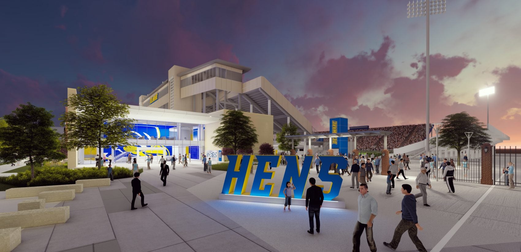 This drawing shows what the new Whitney Athletic center will look like in front of the Delaware Stadium stands. (UD photo)