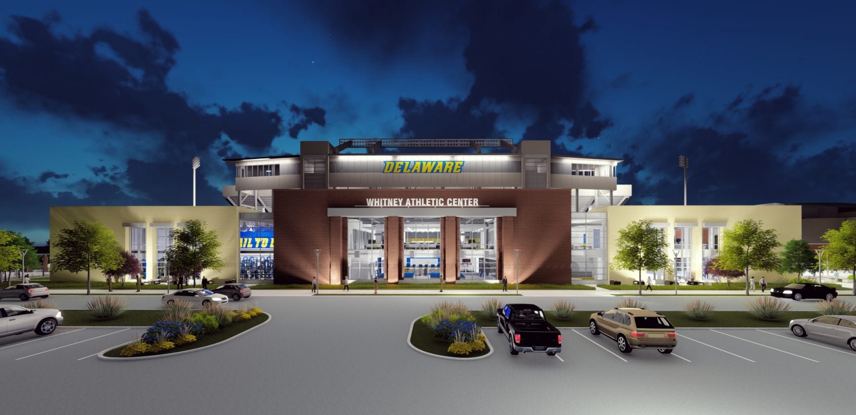 This drawing shows what the new Whitney Athletic center will look like in front of the Delaware Stadium stands. (UD photo)