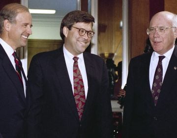 Attorney General nominee William Barr with then-Sen. Joe Biden, D-Del., chairman of the Senate Judiciary Committee, (left), and Sen. Patrick Leahy, D-Vt., before Barr's hearing on Nov. 12, 1991. (John Duricka/AP)