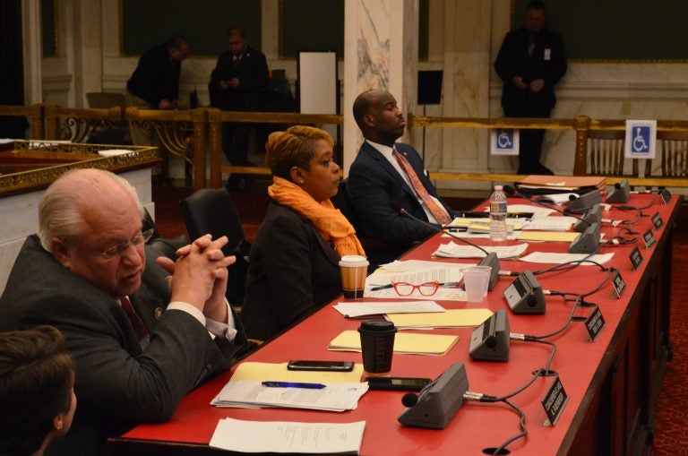 Members of Philadelphia City Council listen to testimony at hearing of the Health and Human Services Committee. (Tom MacDonald/WHYY)