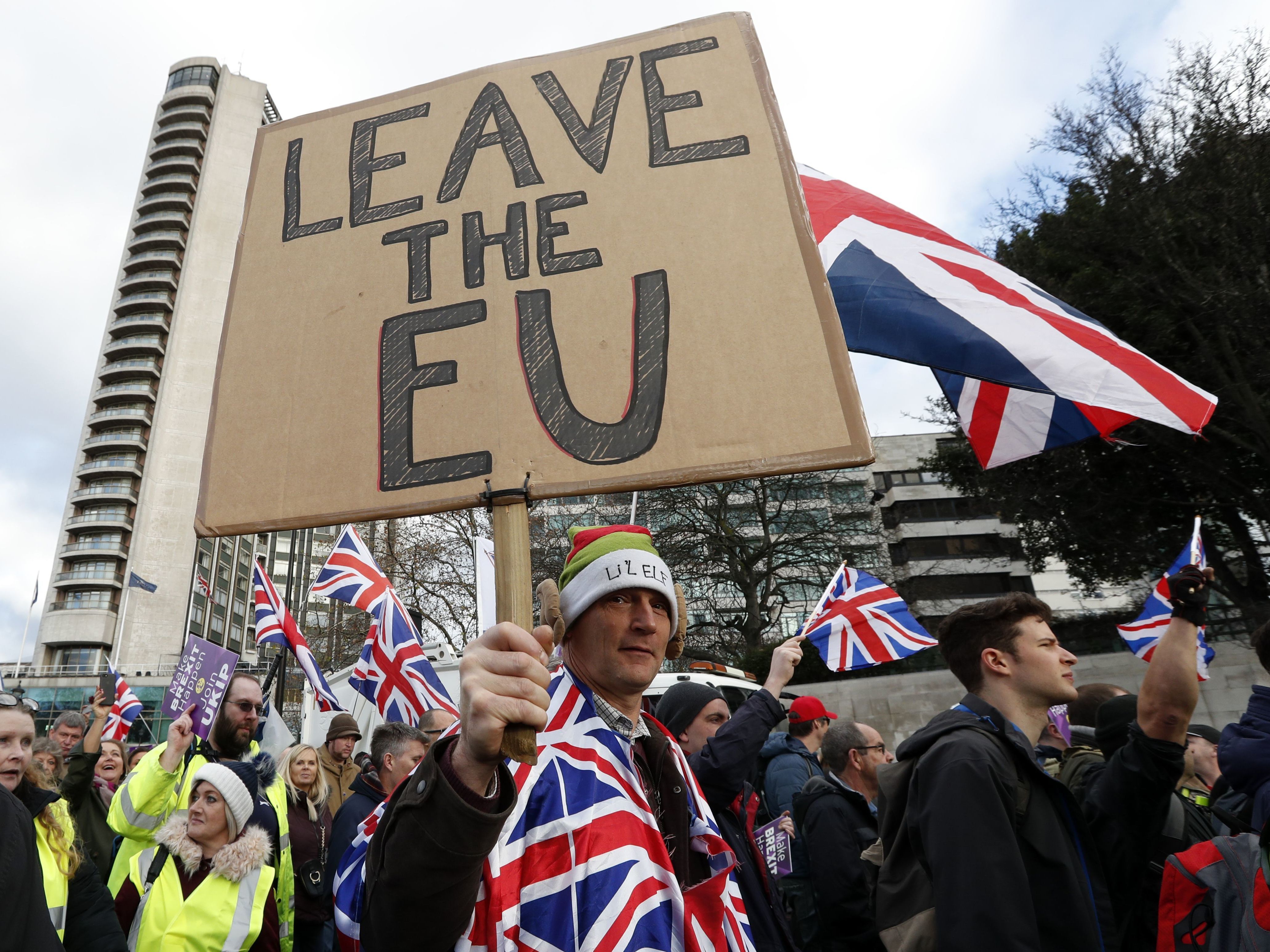 The United Kingdom Independence Party, or UKIP, held a protest Sunday in central London. Some members of Parliament have objected to the draft Brexit deal Prime Minister Theresa May has struck with the European Union, saying it does not give the U.K. enough distance from the international bloc.