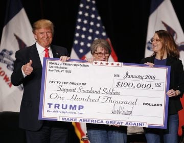 Donald Trump during a January 2016 campaign event awarding a $100,000 check to a veterans charity in Sioux City, Iowa. Trump's use of his personal foundation during the campaign raised legal questions about the foundation's activities. (Luke Sharrett/Bloomberg via Getty Images)