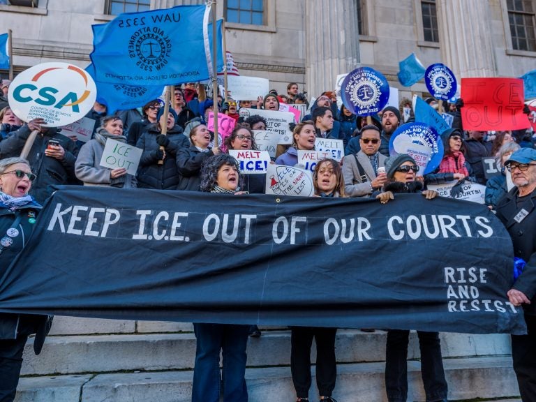 The Association of Legal Aid Attorneys along with dozens of unions, immigrant rights organizations, and community groups held a rally on December 7, 2017 at Brooklyn Borough Hall to call on the Office of Court Administration and Chief Judge Janet DiFiore to prohibit Immigration & Customs Enforcement agents from entering state courthouses, and to end coordination with ICE.
(Pacific Press/LightRocket via Getty Images)