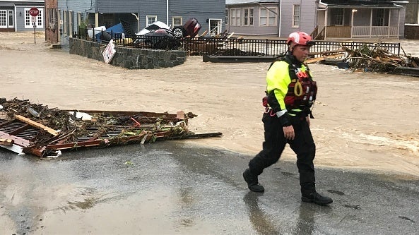 Floods in Ellicott City, Maryland, pushed cars into a pile last May. This year has been a year of record rainfall for cities throughout the mid-Atlantic and Carolinas. (The Washington Post/Getty Images)