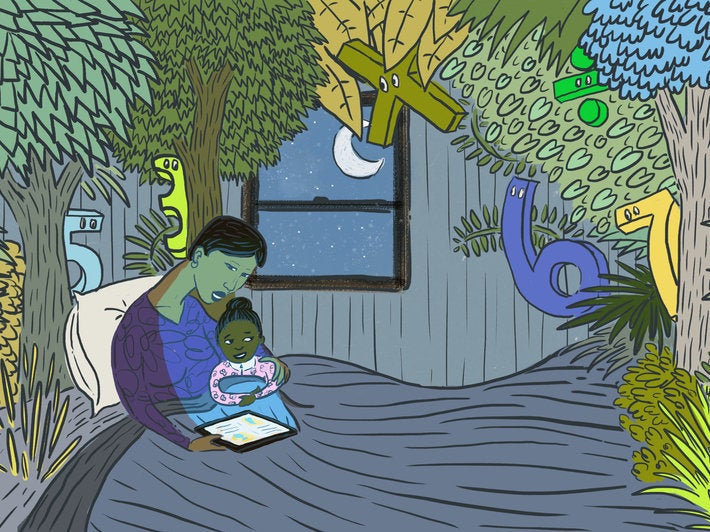 A mother reads her daughter bedtime stories with numbers. (LA Johnson/NPR)
