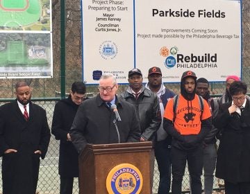 Mayor Jim Kenney at the first groundbreaking of his signature Rebuild initiative. (Malcolm Burnley/PlanPhilly)